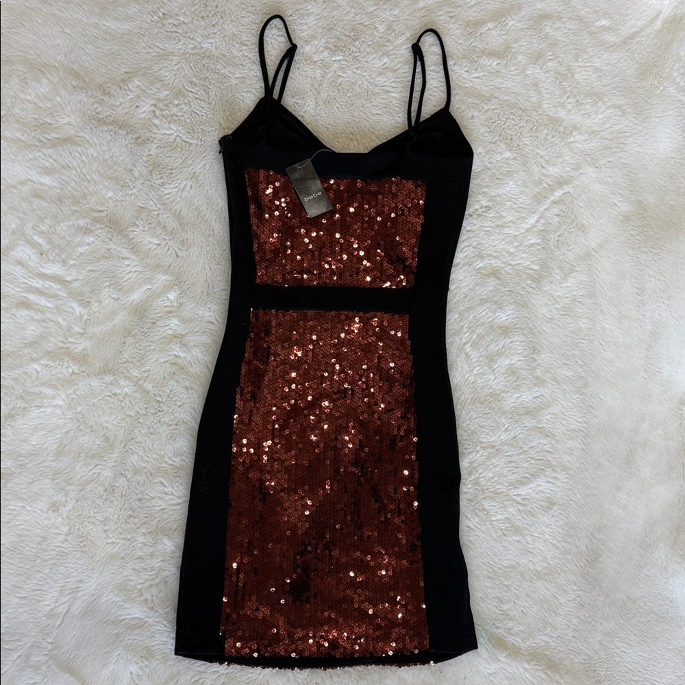 BEBE Sequin Bronze and Black Mini Dress - Picture 4 of 7
